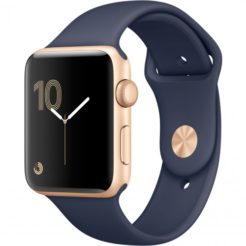 Carcasă din aluminiu auriu Apple Watch Series 2 de 42 mm cu bandă sport albastră